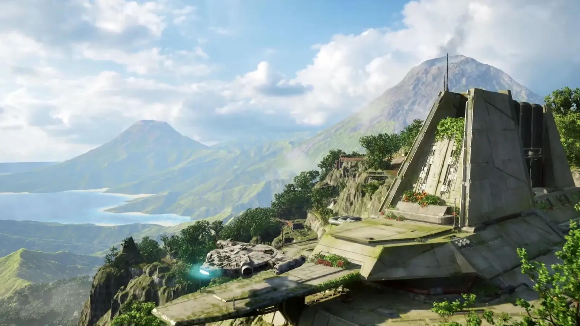 Racing past a temple base in Star Wars Galactic Racer